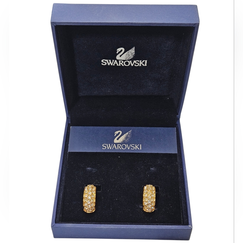 Swarovski Gold Tone Crystal Pave Hoop Earrings